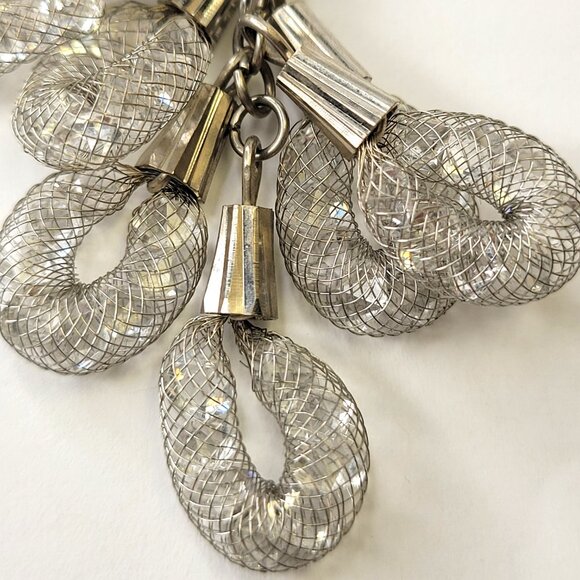 Silver Mesh Net Crystal Dangle Earrings - Picture 3 of 9